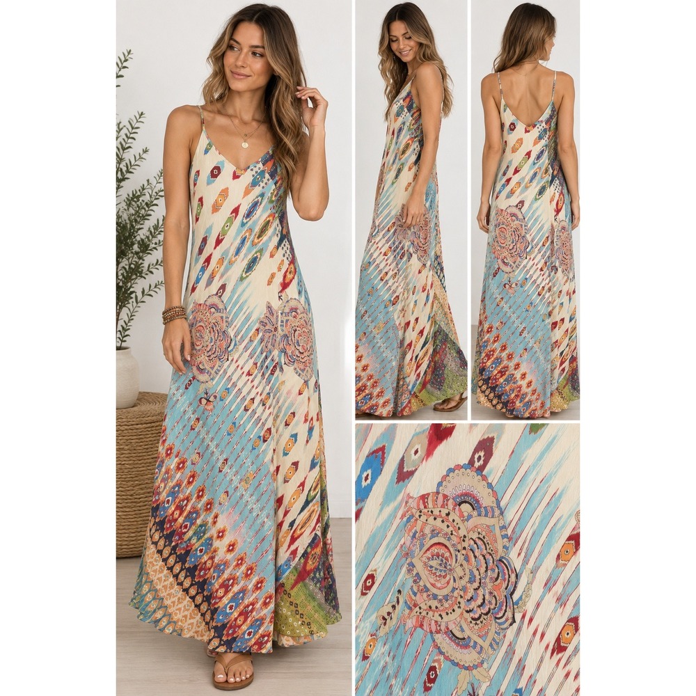 Johnny Was Maxi Dress Multicolor Ikat Patchwork Cupra Rayon Boho Size S